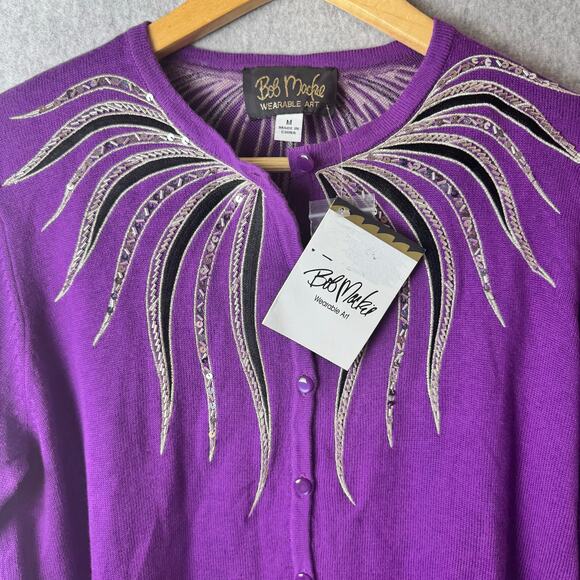 NWT Bob Mackie Cardigan Sweater Women’s Medium Purple Wearable Art Sequins Retro - Picture 3 of 11